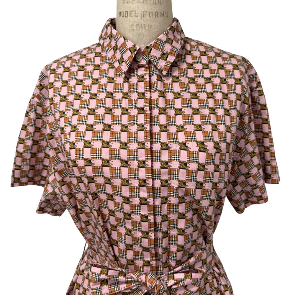 Burberry Shirt Dress Womens 14 Pink Short Sleeve Belted Tiled Archive Print - Picture 2 of 14